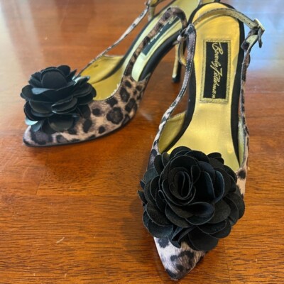 Beverly Feldman Leopard 3.5'' Heels Slingback Flower Accents Pumps Size 6