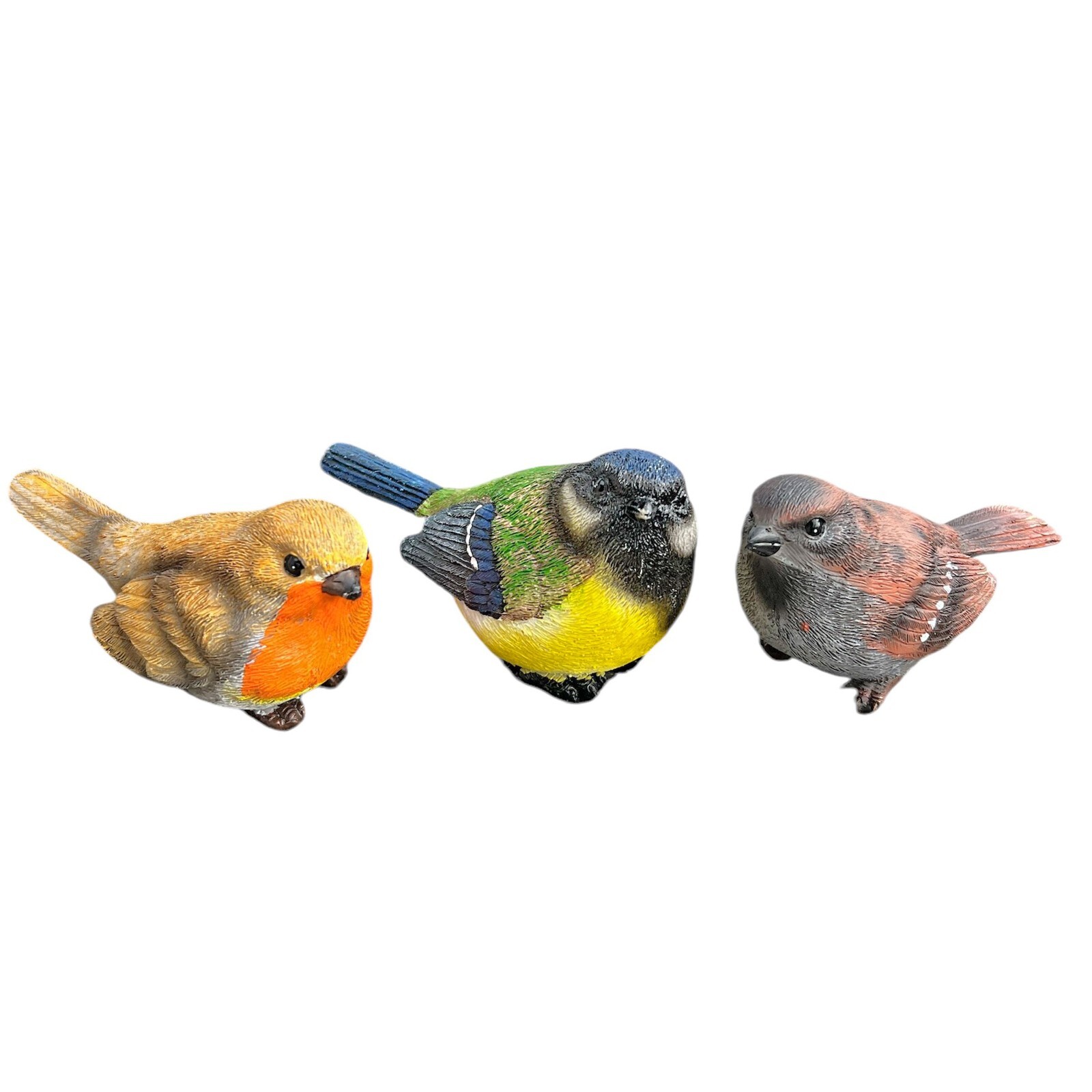 Set of 3 British Bird Garden Ornaments Blue Tit, Robin & Sparrow