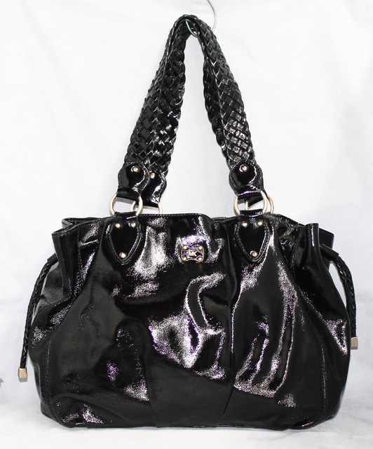 MICHAEL KORS Large Black Crinkle Patent Leather Shoulder Tote Braided