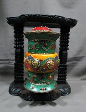 Tibetan Buddhism 8 Auspicious Sign Brass Prayer Wheel Turquoise Coral Resin free