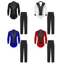 Mens Outfits Dance Bodysuit Straight Sets Latin V-Neck Cha-cha Long Sleeve