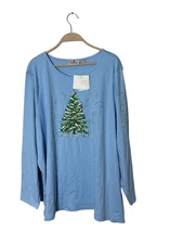 Quacker Factory 3X Embroidered Christmas Tree Sparkly Gems long sleeve Shirt Blu