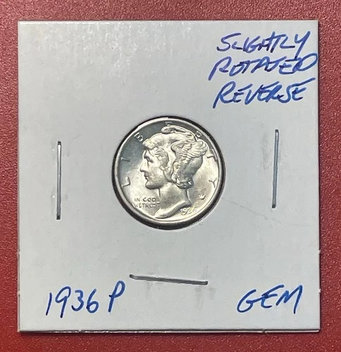 1936 P Mercury Silver Dime, Gem Uncirculated. Slightly Rotated Reverse.