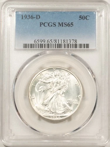 1936-D WALKING LIBERTY HALF DOLLAR, PCGS MS-65, WHITE & PQ!