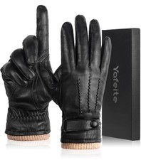 Winter Genuine Sheepskin Leather Gloves for Men, Warm Cashmere Lined Black Le...