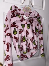 Girls Pink Grinch Dr. Seuss Fleece Hooded Button-Front top Pajamas L