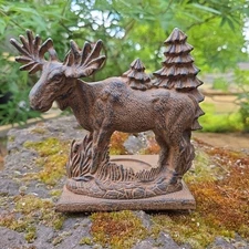 Brown Rustic Cast Iron Moose & Trees Candle Holder Lodge Decor