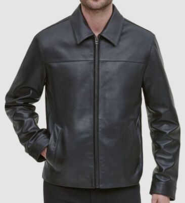 $596 Cole Haan Men's Black Classic Zip-Up Leather Coat Jacket Size