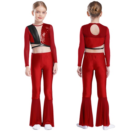 Kids Girls Outfit Shows Shirt And Flared Pants Latin Sweatsuit Color Block Jazz - Picture 35 of 52