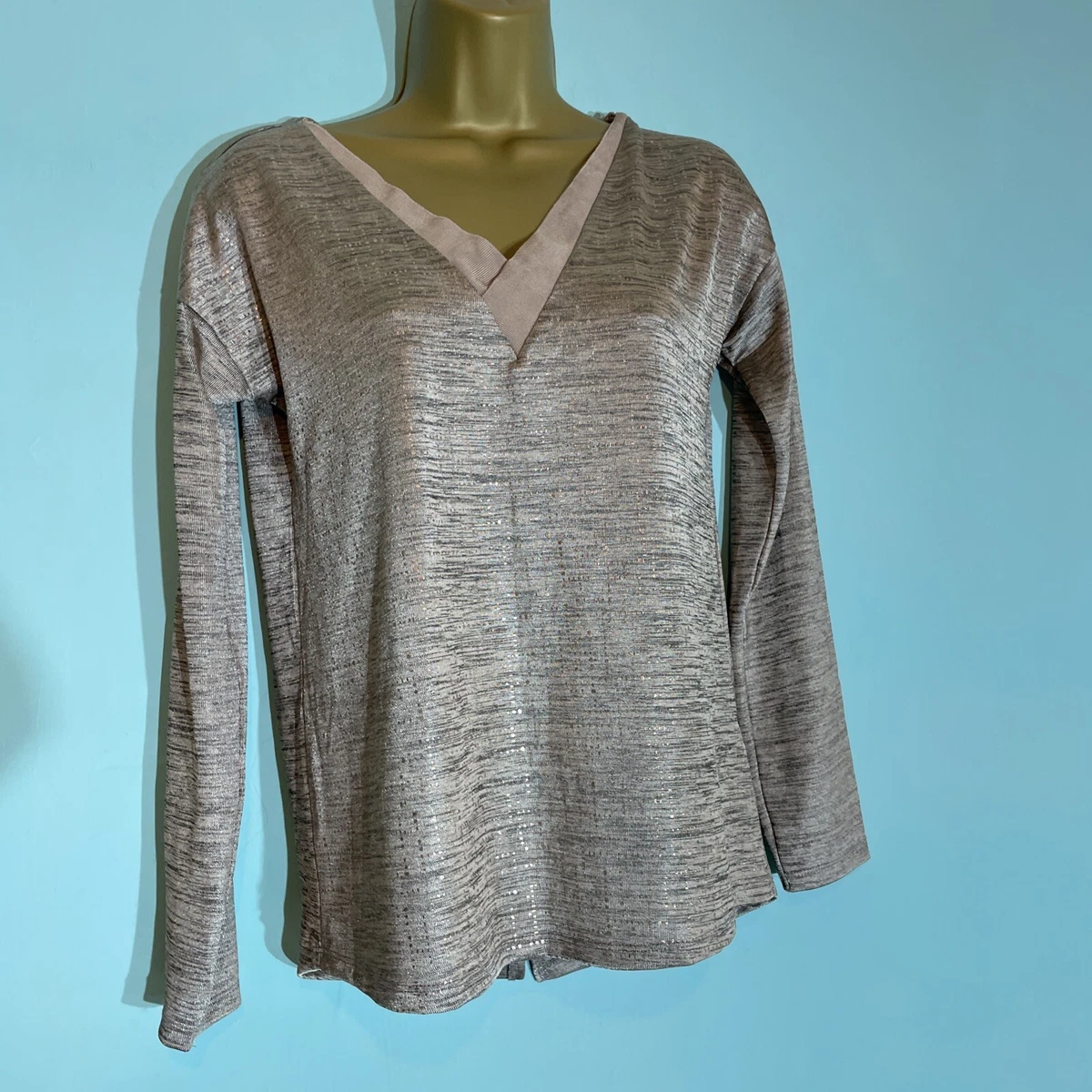womens Next Uk 8 Rose Gold Shimmer Long Sleeve V Neck Stretch Casual T shirt