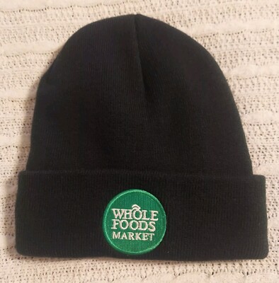 Whole Foods Employee Cuff Beanie Hat Black Team Members W Green Logo New