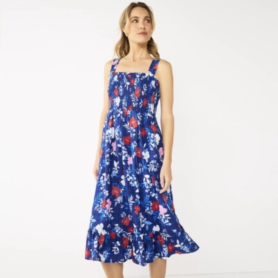 Draper James Women's Small Blue Multicolor Smocked Bodice Sheath Midi Dress NWOT