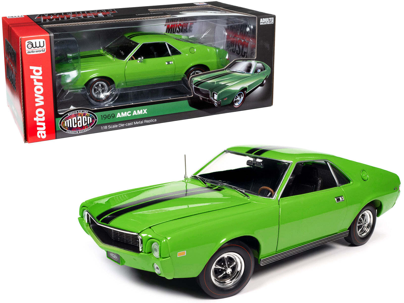 1969 AMC AMX Big Bad Lime Green Black Stripes 1/18 Diecast Model