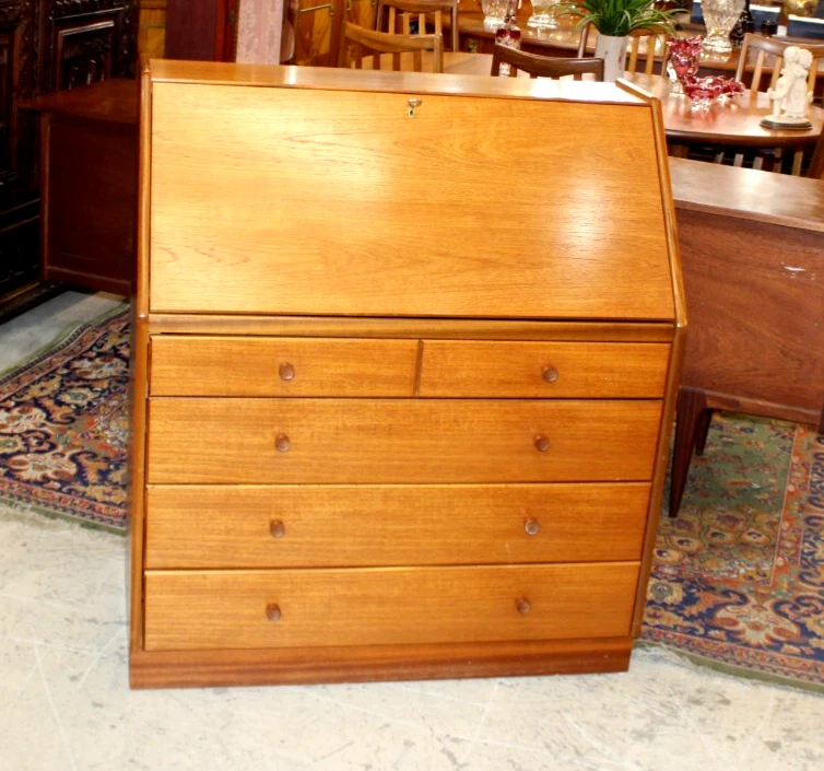 Mid Century Danish Style Teak Drop Front Secretary Desk w/ Drawers Vintage MCM - Image 3 of 4