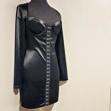 Nasty Gal- Youre Off the Hook Eye Black Satin Bodycon Mini Dress Long Sleeve