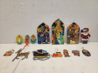 Set of 14 Large/Med Christmas Ornaments 3D Stained Glass Sun Catchers Vintage