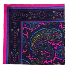 Fuchsia & Navy Blue Paisley Silk Pocket Square (Hand-Rolled in England)