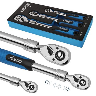 DISEN 3PCS Extendable Ratchet Wrench Set 1/4 3/8 1/2 Drive 72 Tooth Handle