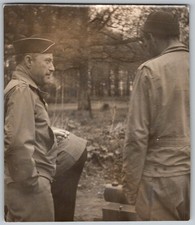 Vtg B W Snapshot Two Men In WW2 Military Uniforms Field Jackets Caps 1940s