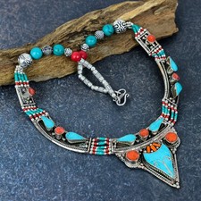 Collar Joyería Nepalí Turquesa, Coral Piedras Preciosas Hecho a Mano Plata de Ley 925