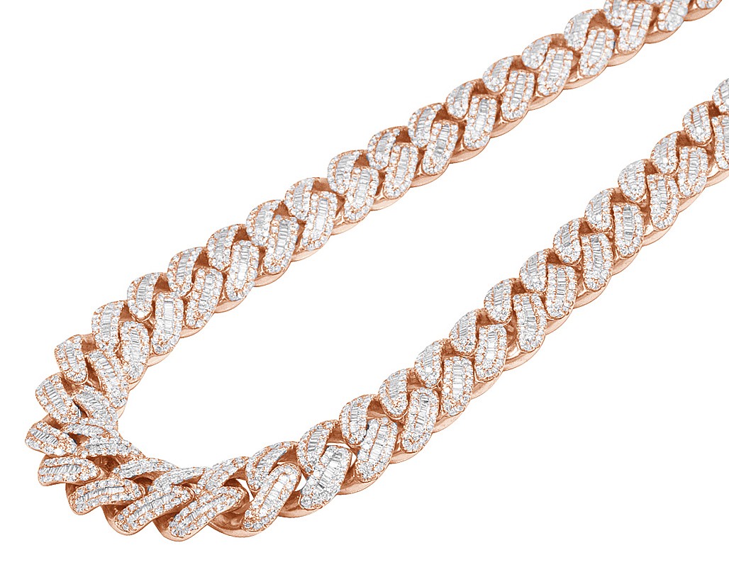 12MM Baguette Real Diamond Miami Cuban Chain 10K Rose Gold