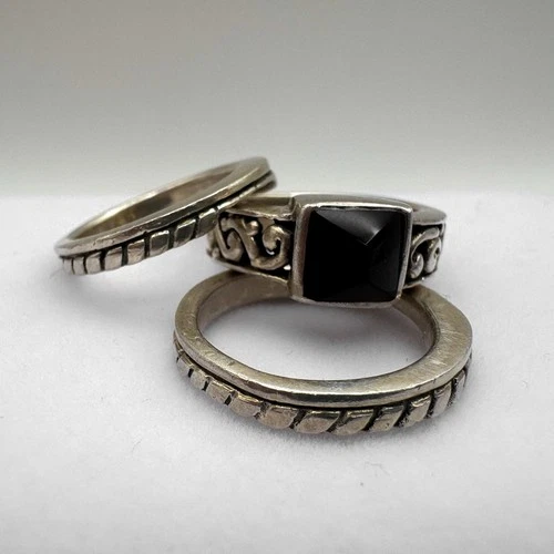 Three Stacking Chunky with Black stone, Sterling 925 Silver, Size 5-6