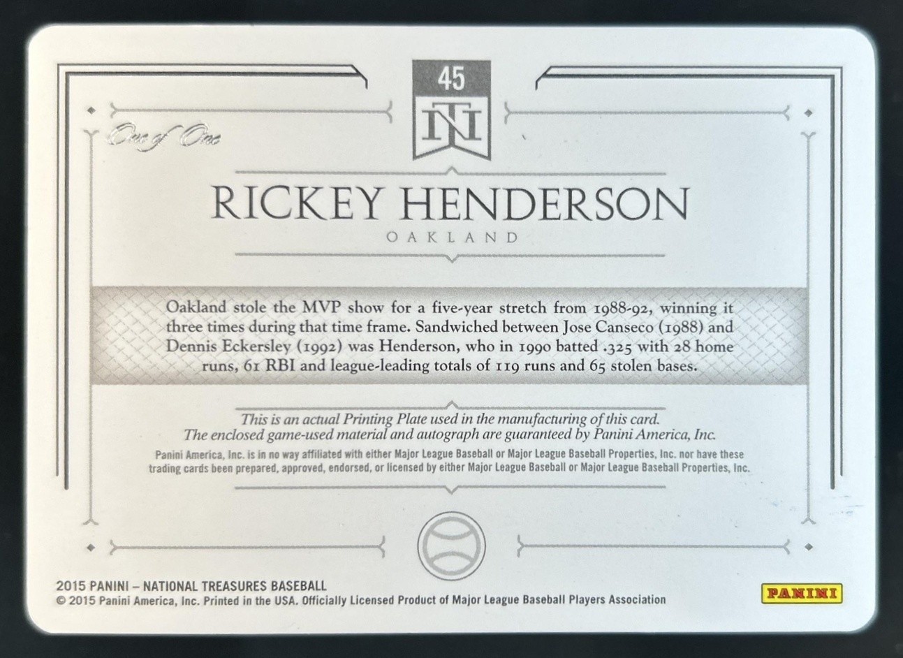 2015 National Treasures Rickey Henderson Die Cut Patch Printing Plate Auto #1/1 view 2