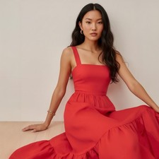 Reformation Manet Linen Ruffle Hem Midi Dress in Hot Day Red Size 4