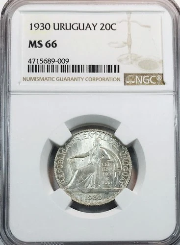 1930 URUGUAY 20C COIN NGC MS 66! FLAWLESS QUALITY EXAMPLE! SO PERFECT! NR #K2106