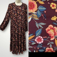 L Rayon Dress Cottagecore Burgandy Floral Ruffle Old Navy  Modest