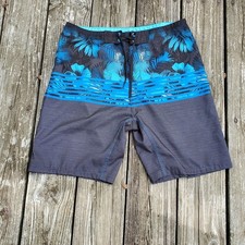 Burnside Men Sz 30 Board Shorts Swim Trunk Blue Black Drawstring Zip Pocket