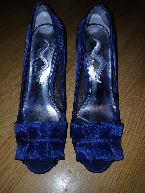 Nina Satin Mesh slides Open Toe Pleated Ribbon 4.25" Heels Pumps Shoes Navy 91/2