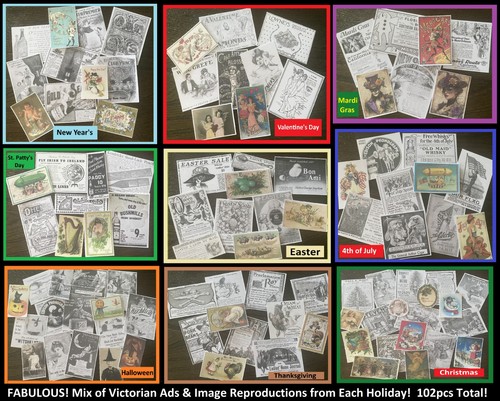 VICTORIAN HOLIDAY Vtg Ad Repros Ephemera Lot~Easter,Mardi Gras,Halloween,Xmas+++