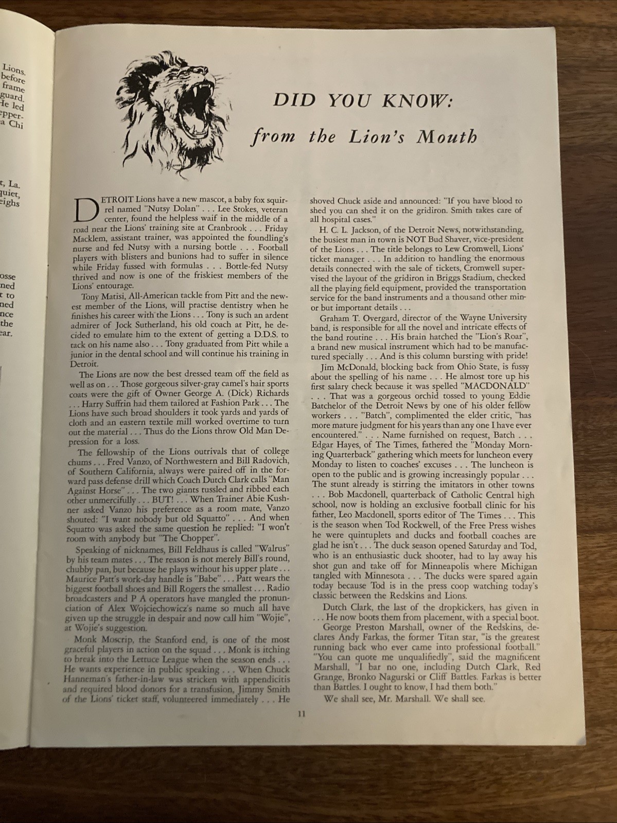 1938 DETROIT LIONS vs. WASHINGTON REDSKINS FOOTBALL PROGRAM/“DUTCH” CLARK!!!