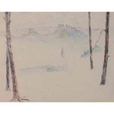 Landscape Mountains Tree Stump Study Coloured Pencil Pencil Early 20th century Unknown