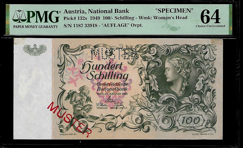 Austria Specimen 100 /- Schilling 1949 PMG 64 UNC P# 132s PMG Population 5/1