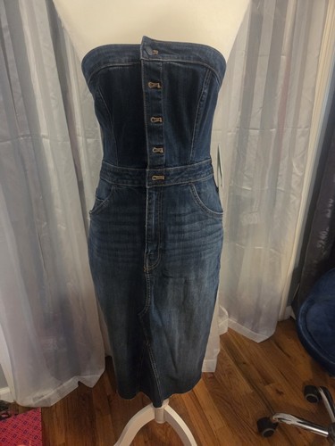 Women's Strapless Blue Denim Sheath Dress Button Front Pockets Knee Length L
