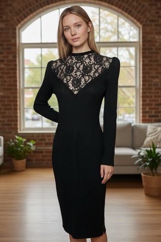 Vtg St. John By Marie Gray Knit Dress Black Womens Sz 8 Long Sleeve Modest