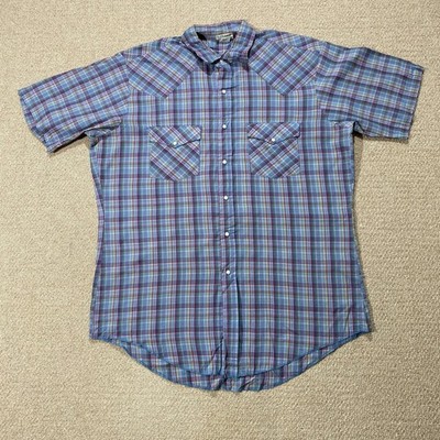 VINTAGE Saddlebrook Western Hemd Herren Large blau bunt kariert Perlen Druckknopf 90er USA
