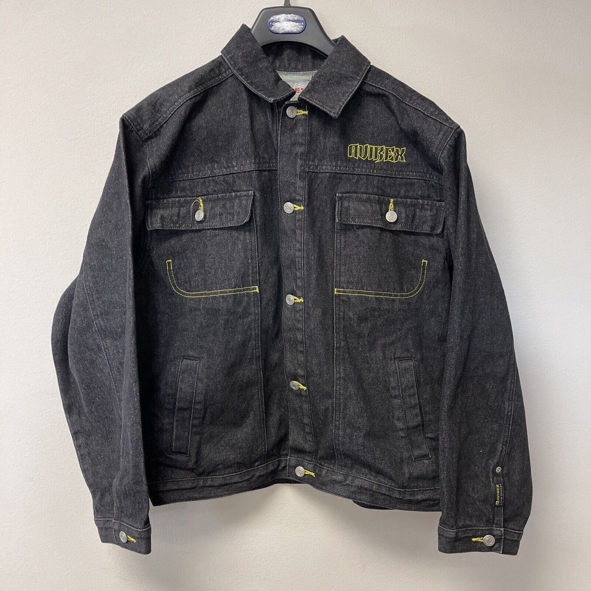 最安価！Avirex denim docking flight jacket Avirex Mens Dark Wash Button Front Black Neon Trim Denim