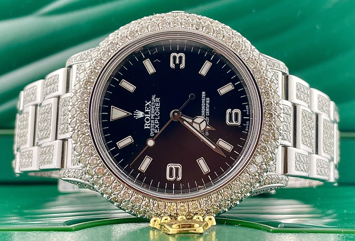 Rolex Mens Explorer Oyster Perpetual 36mm Steel Watch Iced Out
