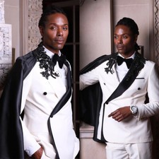 Men's White Suits Groomsman Jacket With Short Satin Cape Fashion Formal Wear