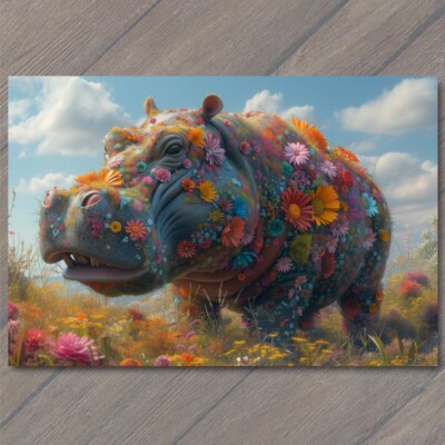 Art Print Hippo Covered Flowers Colorful Unreal Strange Cute Fun Unusual Bright