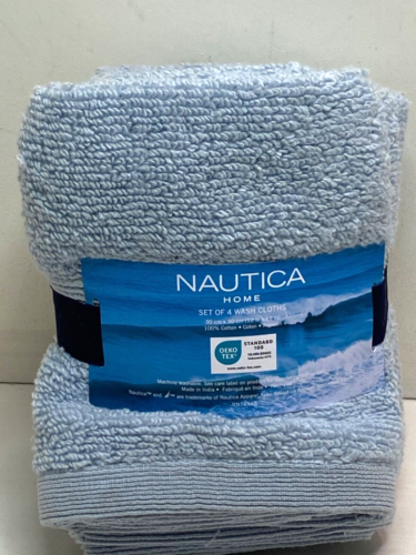 Nautica Home (Set of 4) Bath Wash Cloths 100% Cotton 12" x  12" in Blue  NEW - Afbeelding 1 van 3