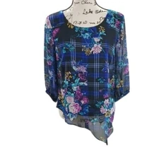 AB Studio Blouse Womens Size S Black Blue Floral Sheer Asymmetrical 3/4 Sleeve
