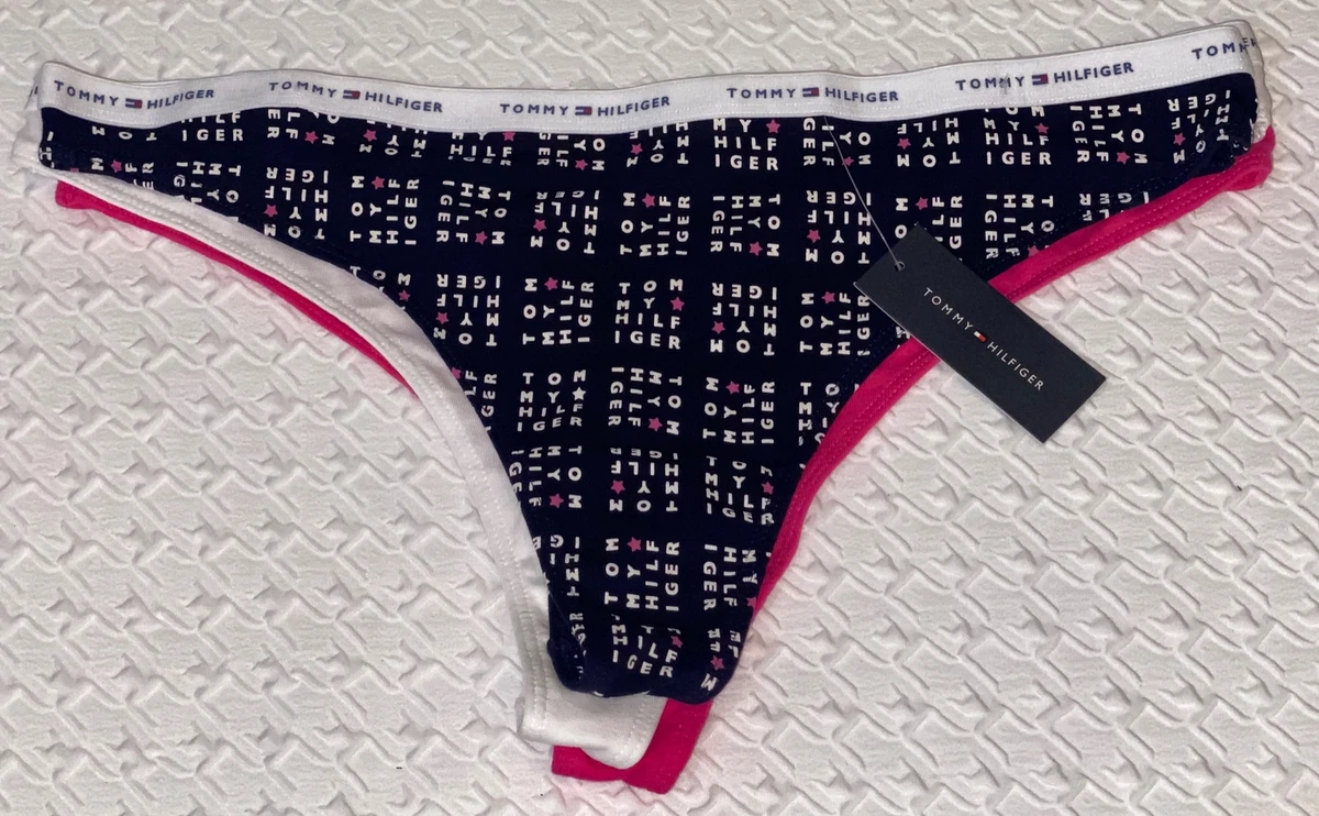 TOMMY HILFIGER Classic Cotton 3 Pack Black White Pk Logo Thong Panty Womens  XL 8