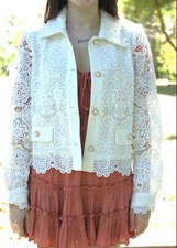 White Floral Lace Blazer Jacket With Pearl Buttons Medium NEW