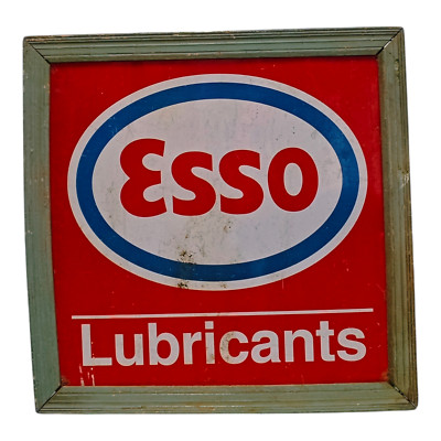 1930's Old Antique Vintage ESSO Lubricants Oil Tin Sign Board Wooden Frame