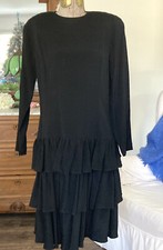 Flirty VTG 1980s CHRISTIAN DIOR Robes Du Jour DRESS Black Crepe RUFFLED Hem USA