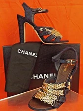 NIB CHANEL G31732 BLUE  TWEED GOLD CHAIN CC PEARLS LOGO SANDALS PUMPS 38.5 8